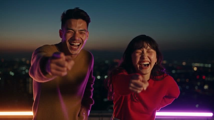 A made-up creator dances alone on a rooftop, then a joiner walks in and copies the move beside him, AI video