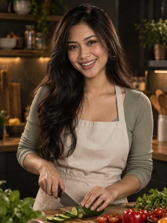 The same made-up creator in a home kitchen role, AI-generated