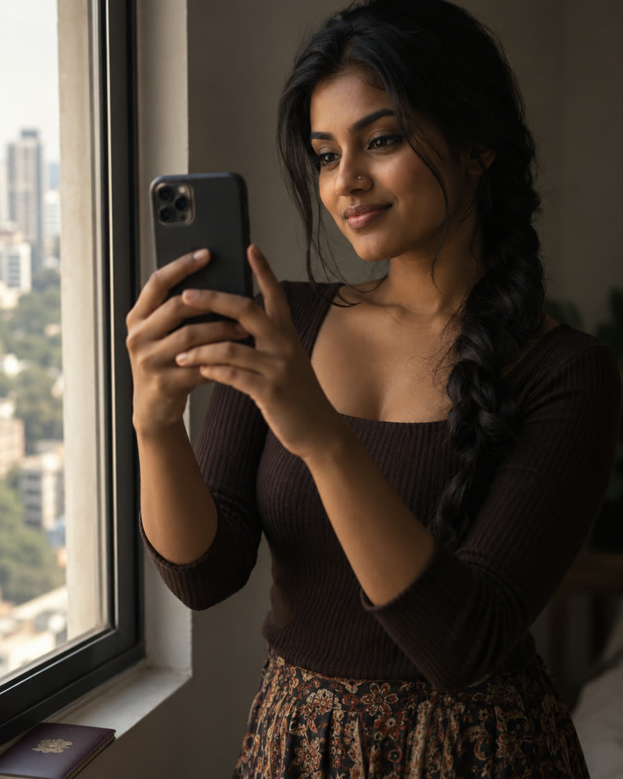 A made-up creator at her window takes a photo with her phone, her passport on the sill, AI-generated